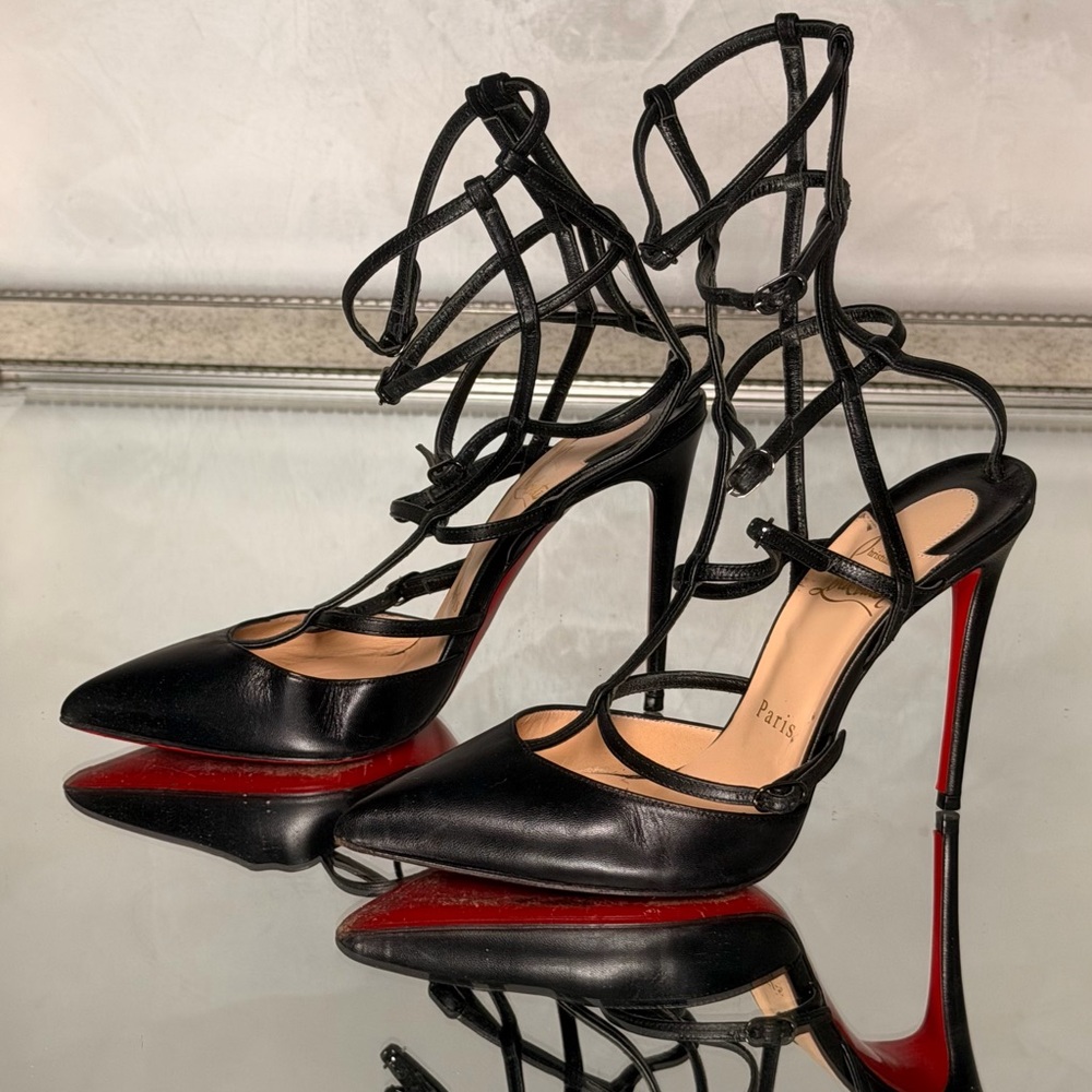 Christian Louboutin Black Leather Strappy Pointed-Toe Pumps with Red Soles